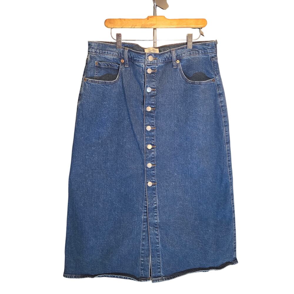 Vintage 90s style,‎ high-rise A-line denim midi skirt-Size 14- medium blue denim